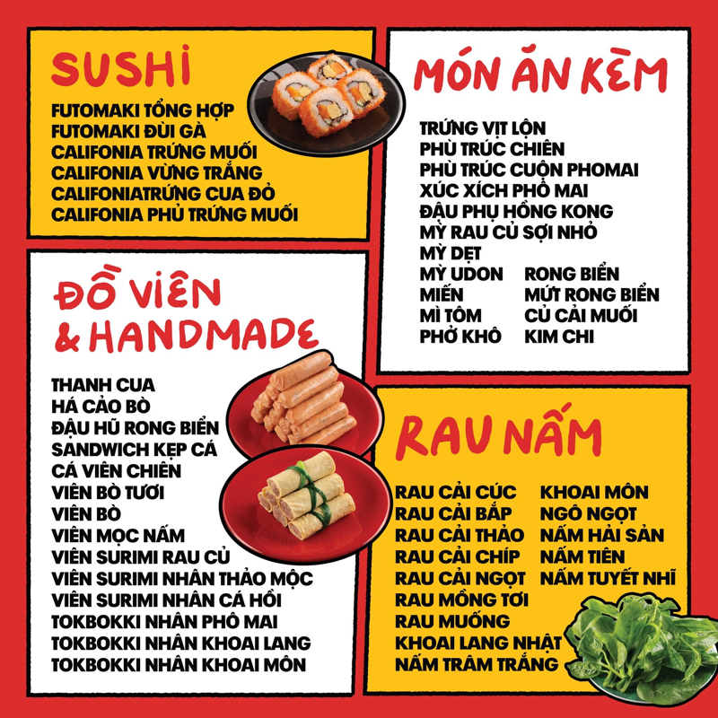 Menu Kichi Kichi sushi, món ăn kèm, rau nấm, đồ viên và handmade