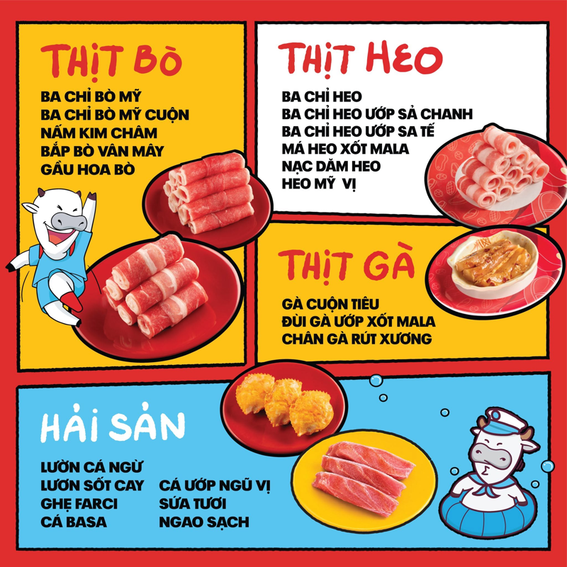 Menu Kichi Kichi thịt bò, thịt heo, thịt gà và hải sản